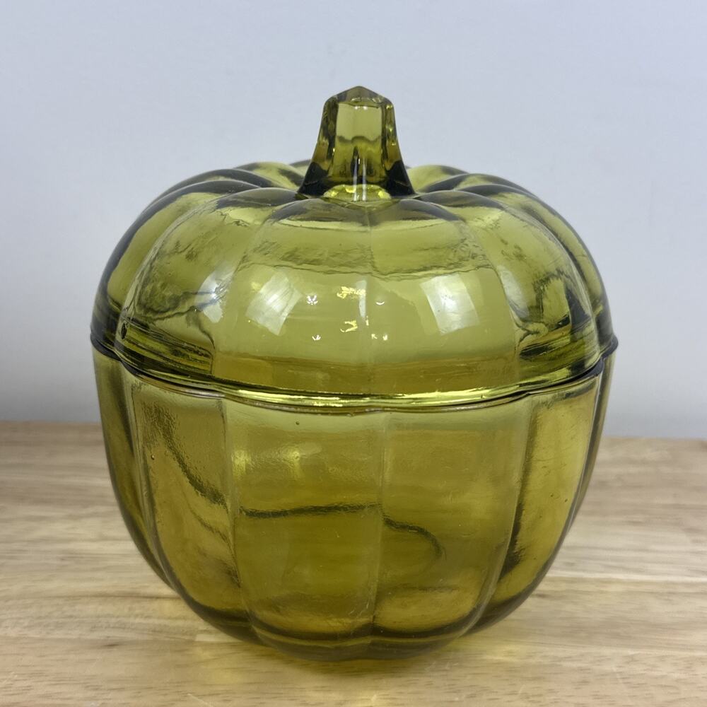 Vintage Anchor Hocking Yellow Amber Glass Pumpkin Pantry Jar With Lid Fall 7”